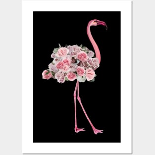 Pink Flamingo and pink flowers roses Posters and Art